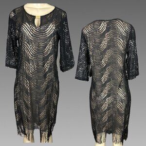 Emma & Michele M Black Openwork Nude Lined Fringe Hemline 3/4 Sleeve Knee Dress